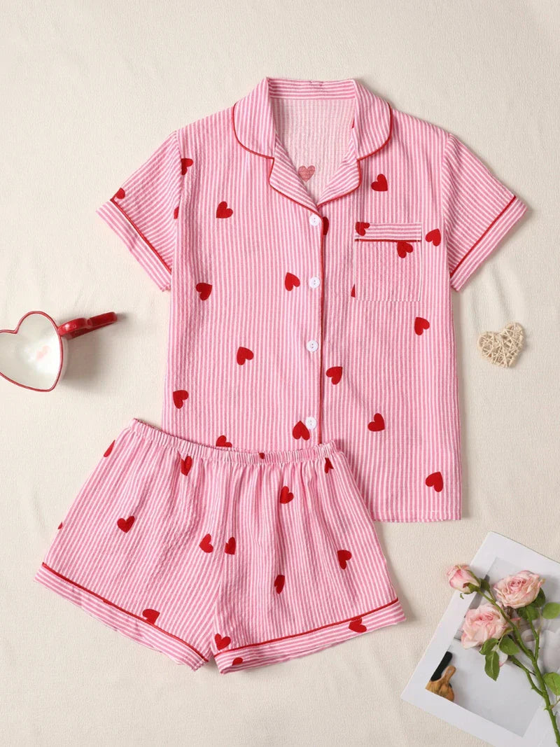 Romantic Heart Print Pajama Set - OutfitLondon