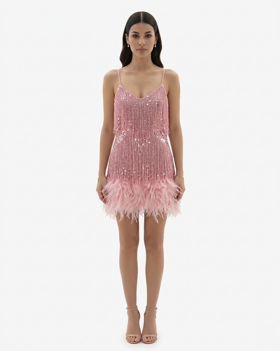 Glittering Fringed Mini Party Dress with Thin Straps