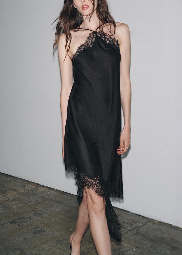 Women's Black Asymmetrical Lace Silk Dress Sleeveless - OutfitLondon