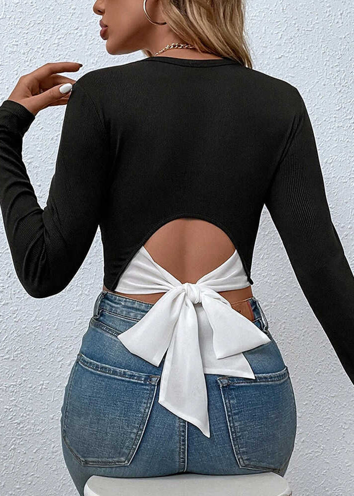 Women's Black Cotton Backless Knot - OutfitLondon