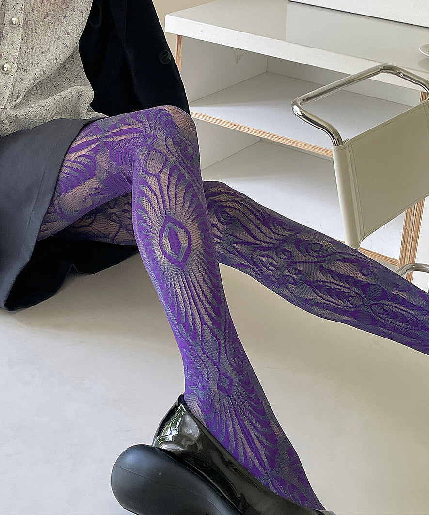 Women's Sheer Mesh Long Socks Purple Lace - OutfitLondon