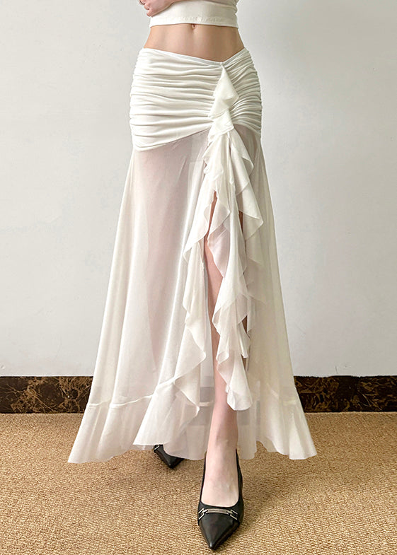 Women's White Tulle Skirt With Side Slit - OutfitLondon