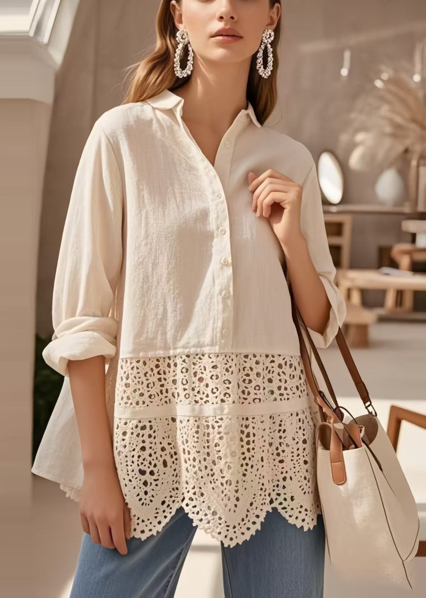 Women's Cotton Blend Blouse Lightweight Breathable Apricot - OutfitLondon