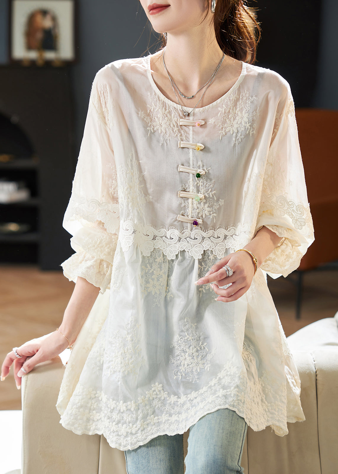 Women's Cotton Blend Embroidered Shirt Beige - OutfitLondon