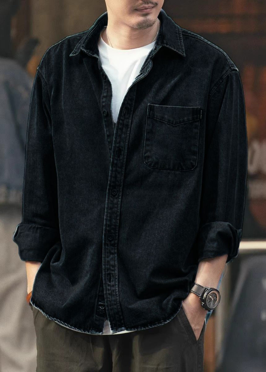 Mens Black Denim Shirt With Chest Pocket - OutfitLondon