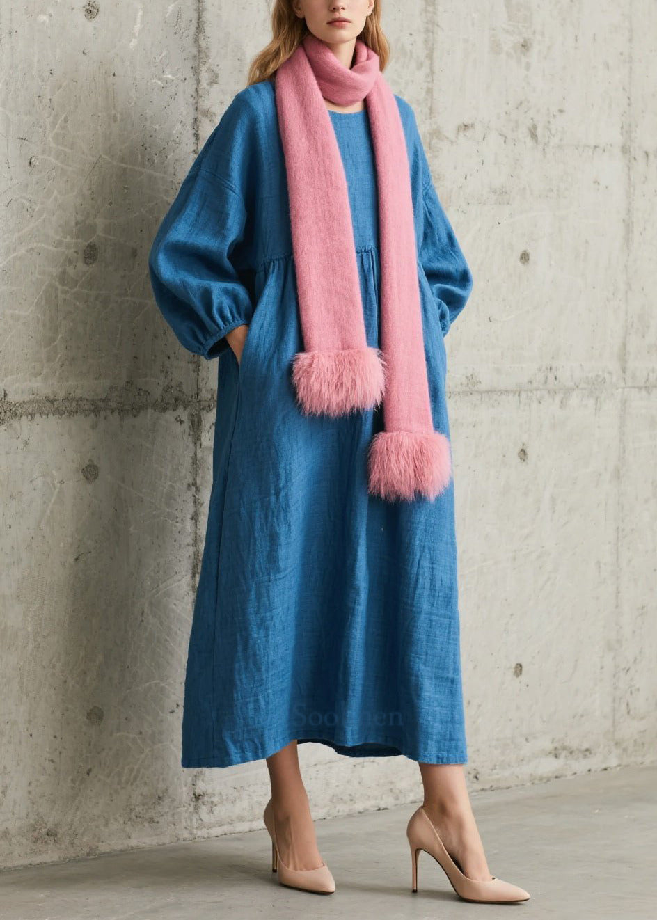 Women's Blue Cotton Long Dress Oversized Relaxed Fit - OutfitLondon
