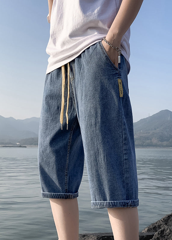 Mens Denim Crop Shorts Elastic Waist Solid Blue - OutfitLondon