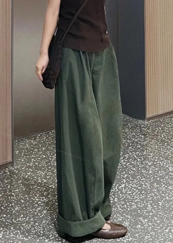 Women's High Waisted Cotton Wide Leg Pants Green - OutfitLondon
