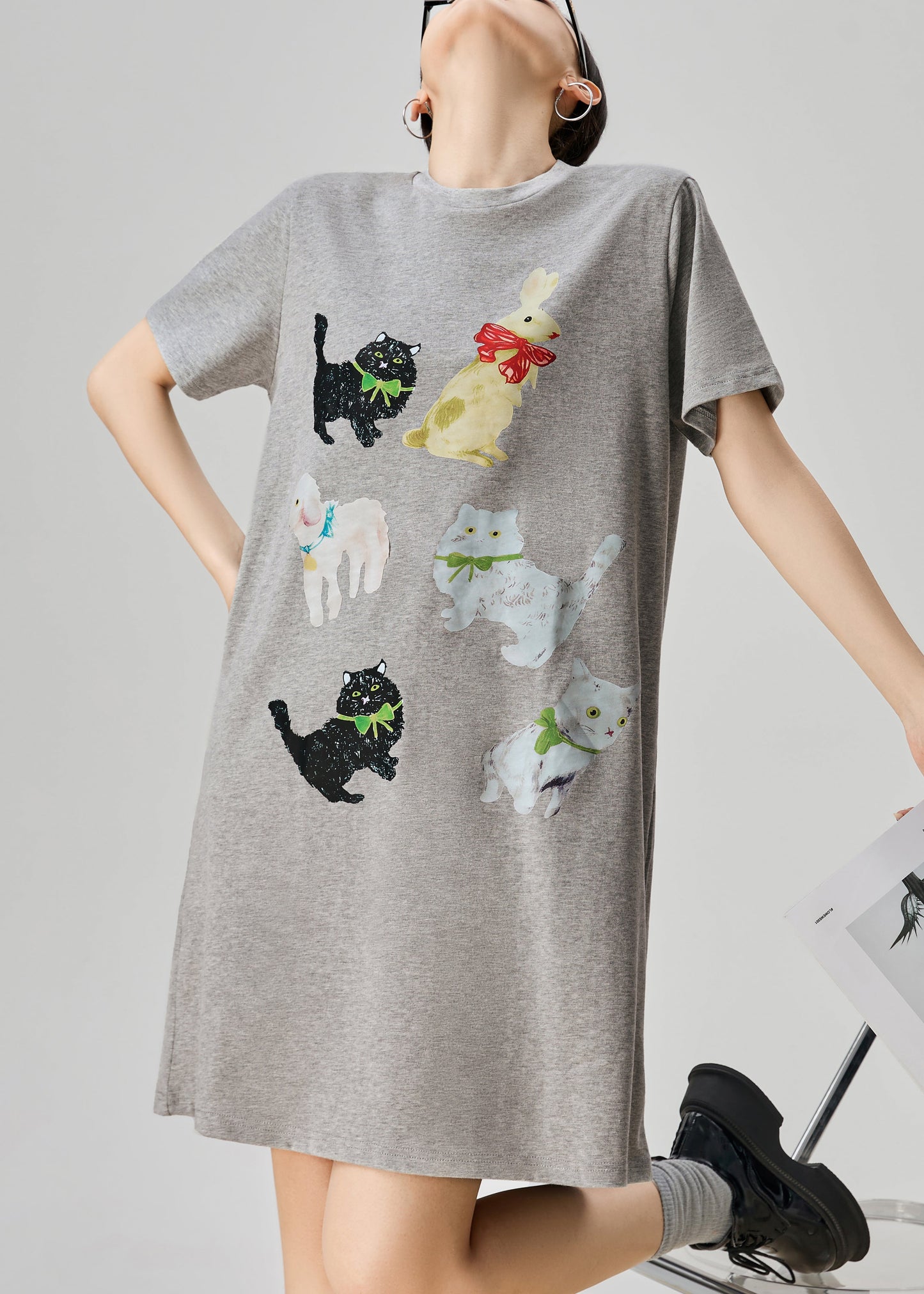 Women's Cotton T Shirt Dress Round Neck Playful Print - OutfitLondon