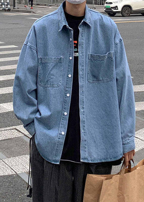 Mens Light Blue Denim Long Sleeve Shirt - OutfitLondon