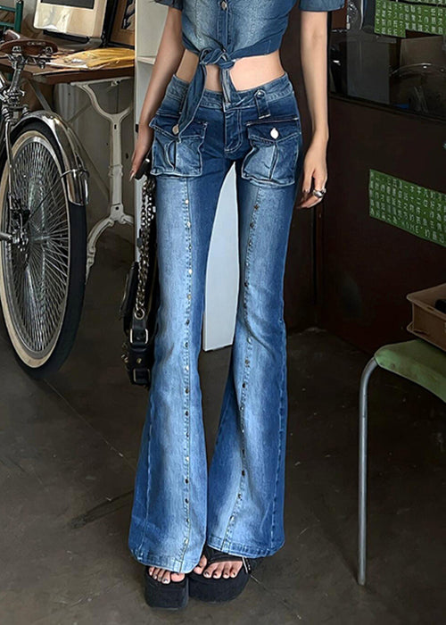 Women's High Waisted Flared Jeans Slim Fit Blue - OutfitLondon