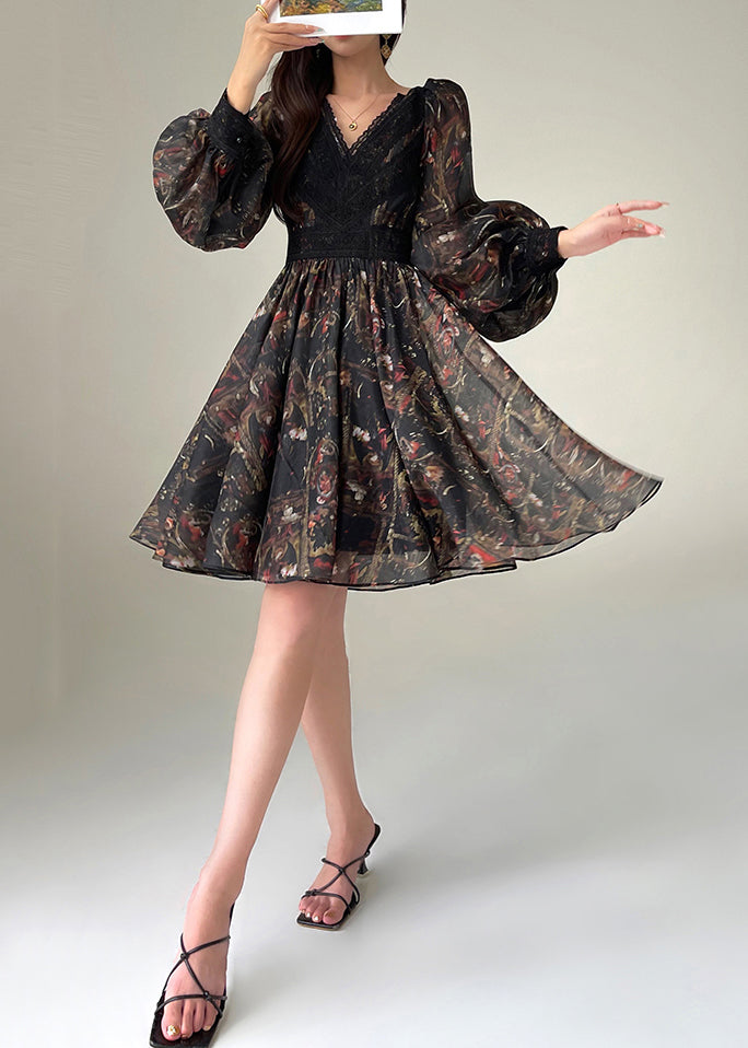 Women's Black Lace Dress V Neck Slim Silk Patchwork - OutfitLondon