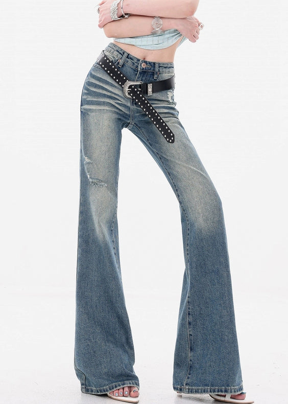 Women's High Waisted Distressed Flare Jeans Blue Denim - OutfitLondon