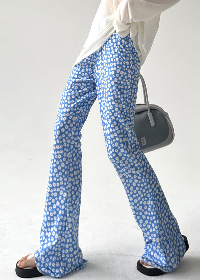Women's Cotton Wide Leg Pants Elastic Waist Blue Print Slim Fit - OutfitLondon