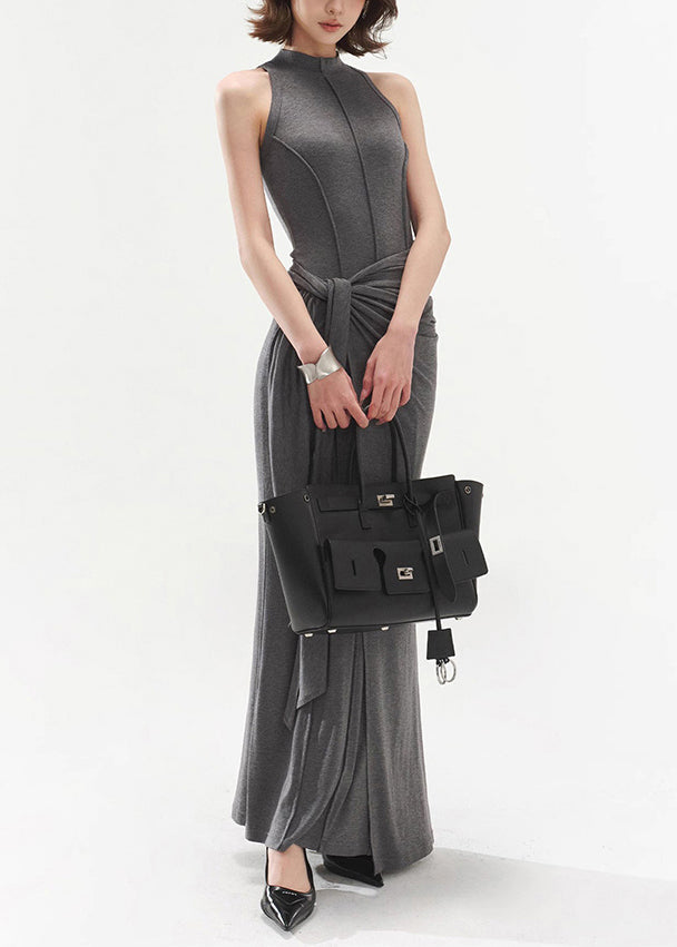 Women's Grey Cotton Maxi Dress Sleeveless Belted - OutfitLondon