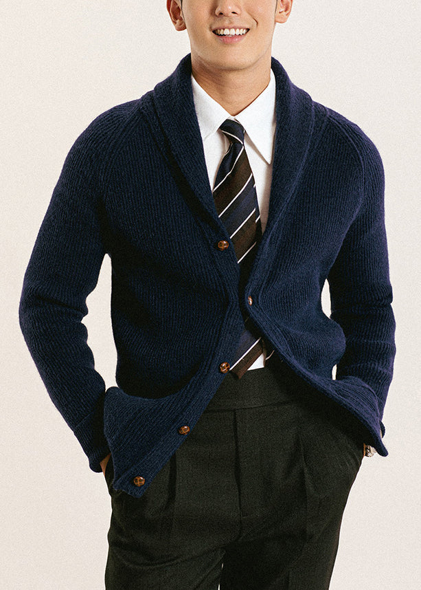 Men's Navy Knit Cardigan Slim Fit Button Front - OutfitLondon