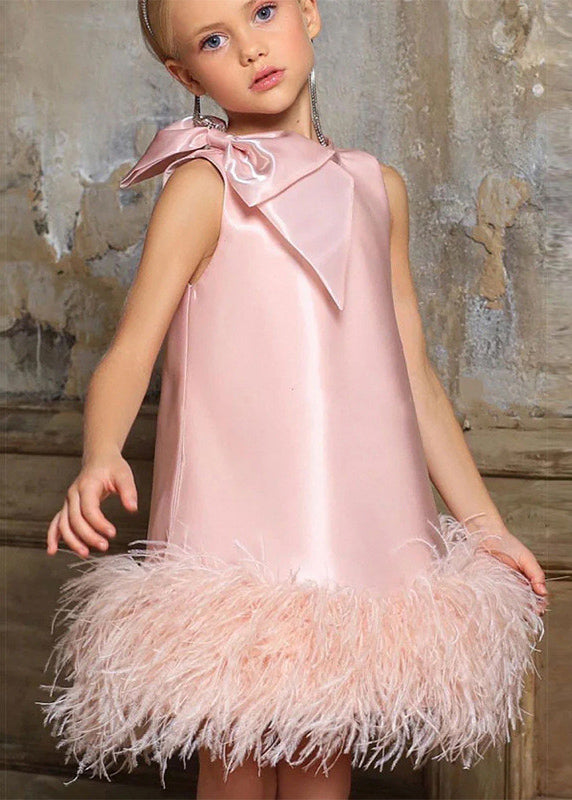 Girls Pink Silk Blend Sleeveless Dress With Knot And Pom Poms - OutfitLondon