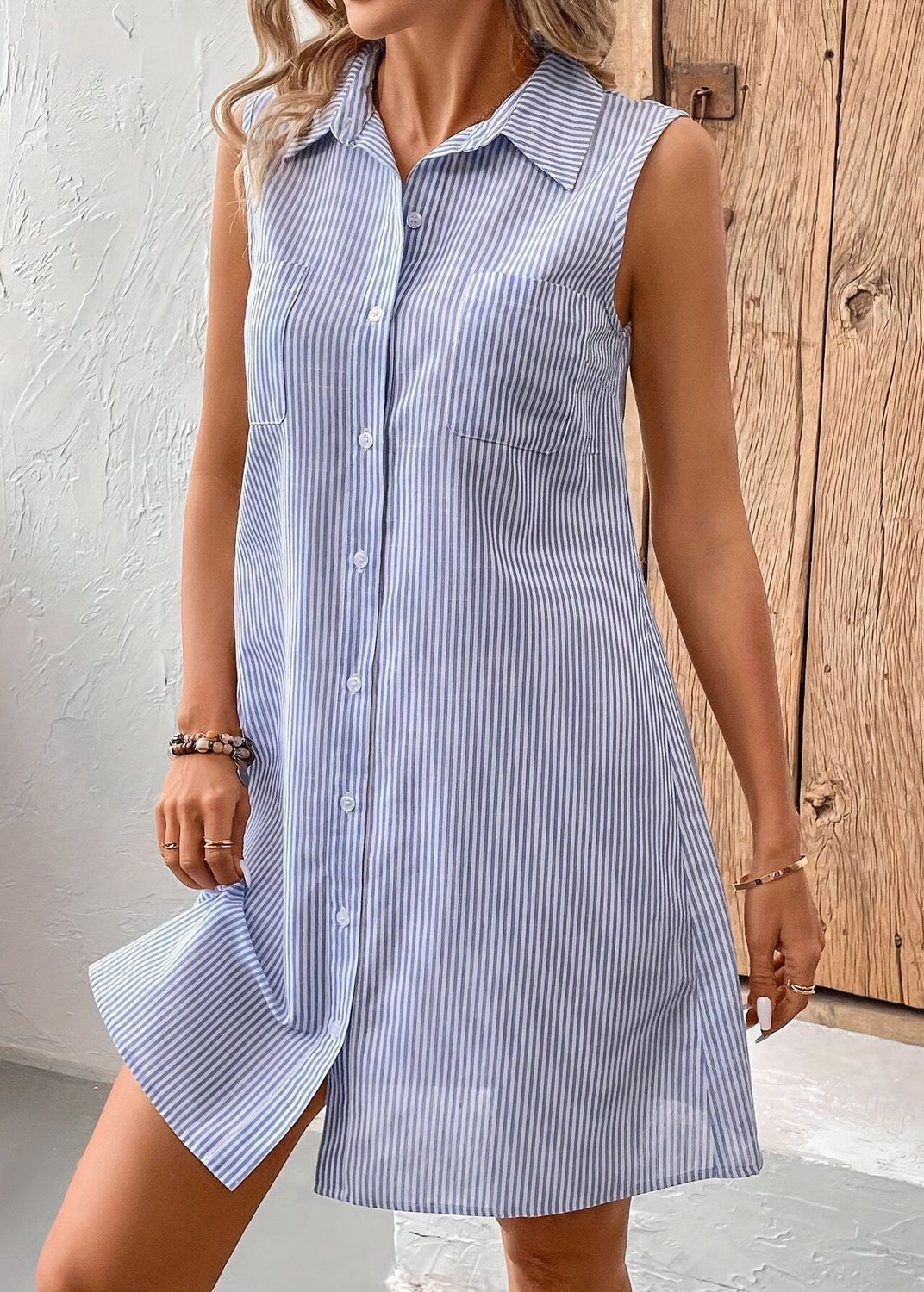 Women's Cotton Striped Sleeveless Dress Breathable White - OutfitLondon