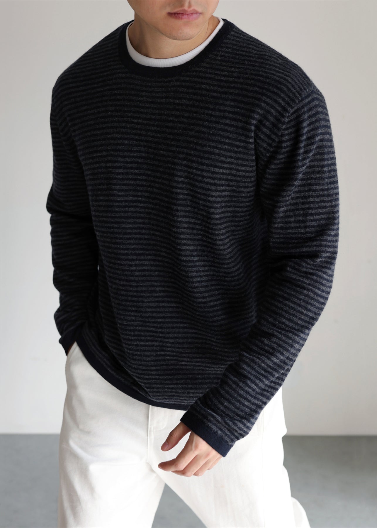 Men's Striped Crew Neck Sweater Lightweight Wool Blend Warm Beige - OutfitLondon
