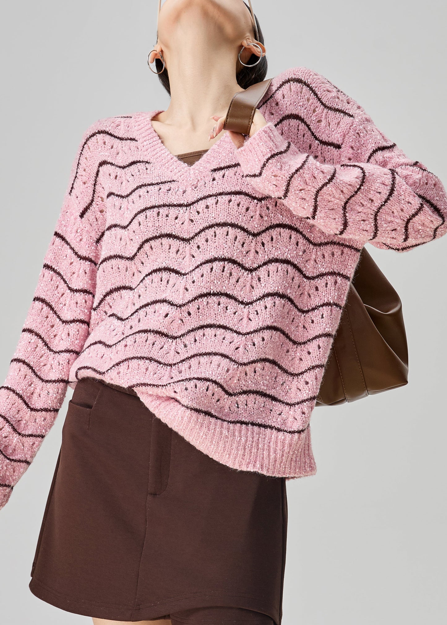 Women's Pink Striped Sweater V-Neck Openwork Knit - OutfitLondon