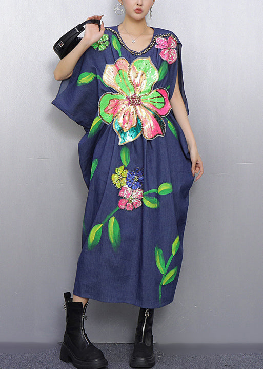 Women's Blue Floral Denim Dress - OutfitLondon