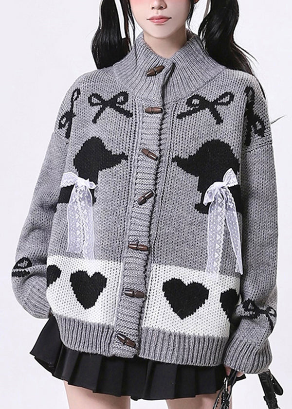 Women's Gray Turtleneck Cardigan Loose Knit Cozy - OutfitLondon