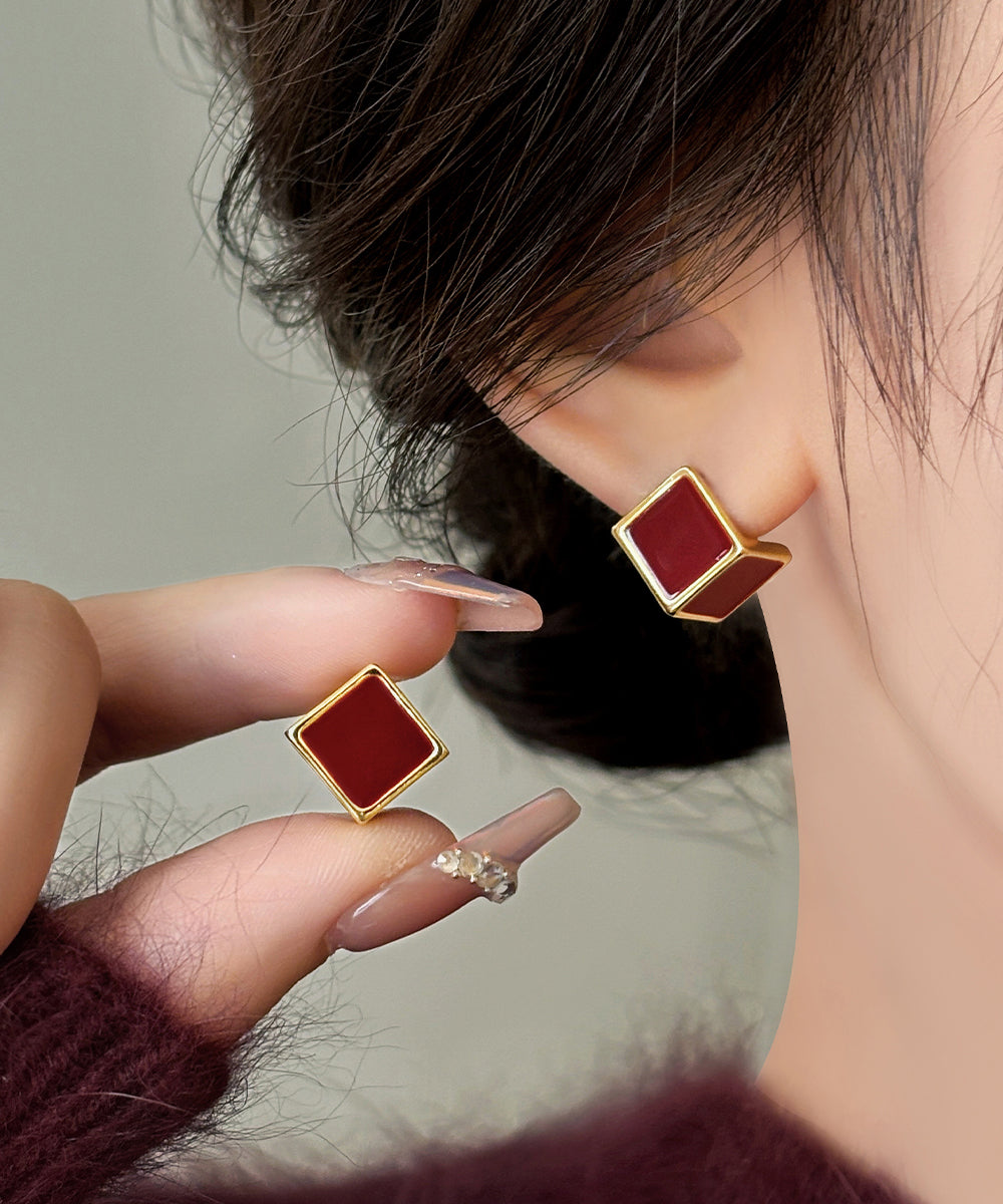 Women's Copper Square Stud Earrings 1cm Mulberry Red - OutfitLondon