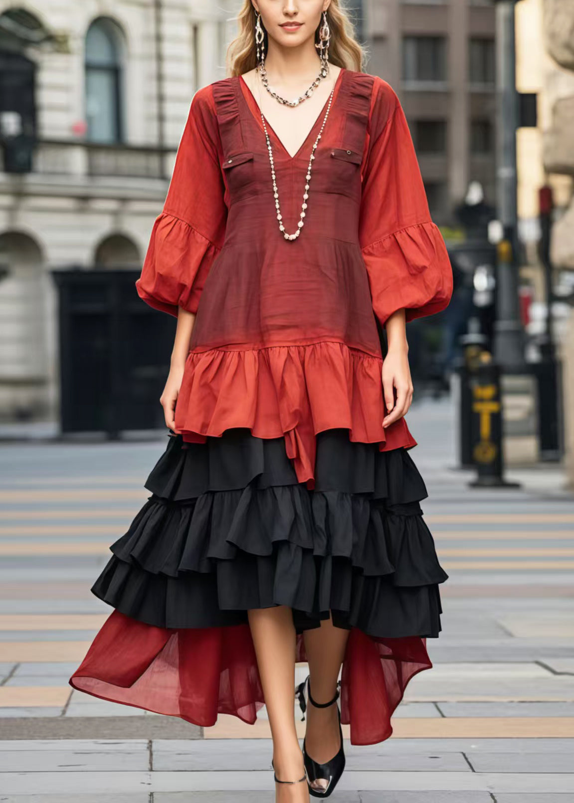 Women's Patchwork Cotton Maxi Dress Red Ruffles Bracelet Sleeves - OutfitLondon