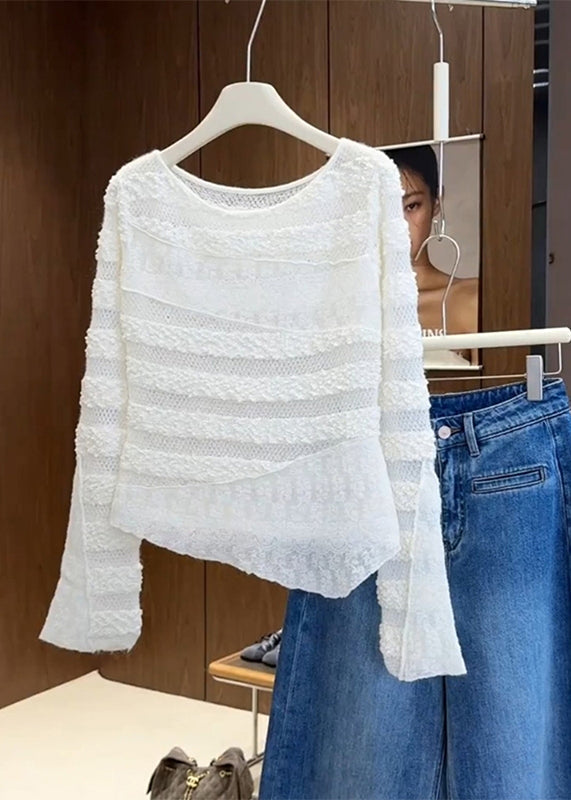 Women's Patchwork Blouse White Asymmetrical Round Neck - OutfitLondon