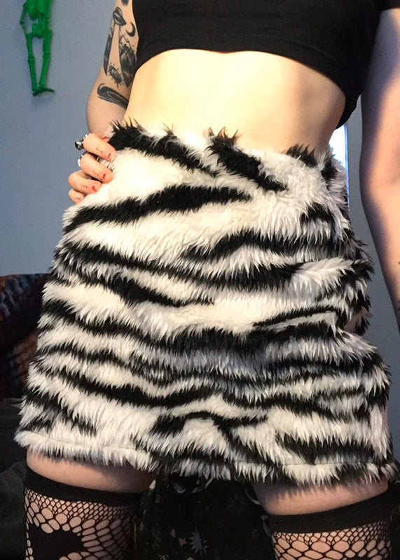 Women's Faux Fur Zebra Print High Waist Skirt - OutfitLondon