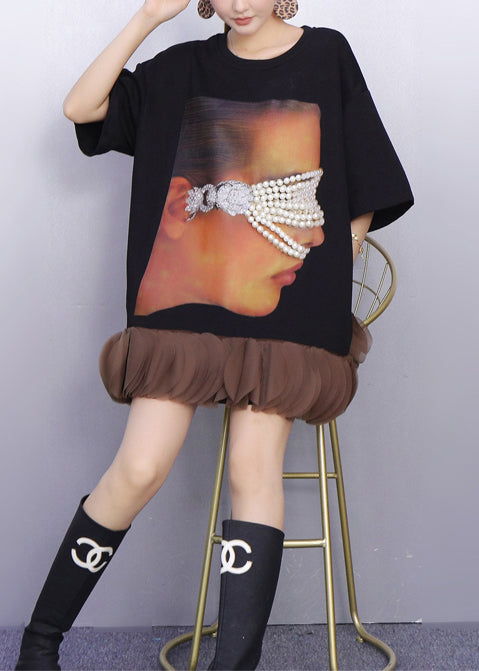 Women's Cotton Midi Dress Black Patchwork Oversized - OutfitLondon