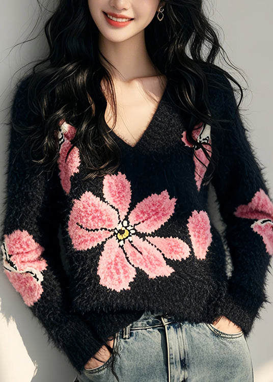 Women's Floral Knit Sweater V Neck Black - OutfitLondon