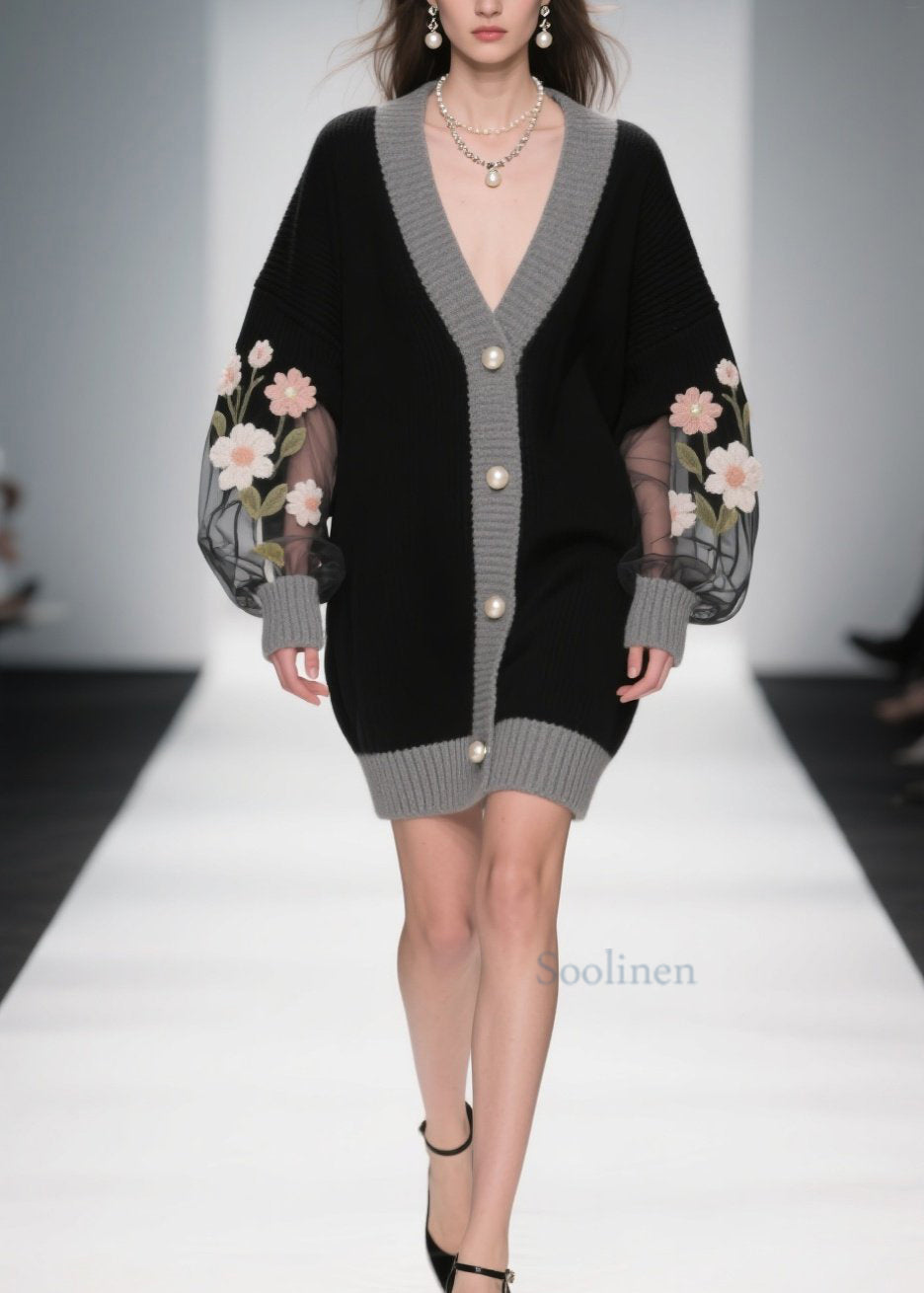 Women's Patchwork Cardigan Knit Black V Neck Plus Size - OutfitLondon