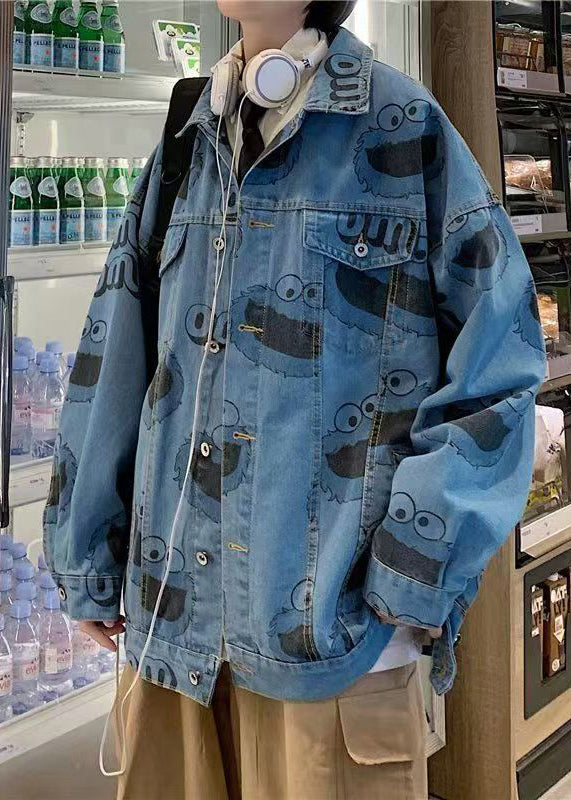Mens Denim Jacket Cookie Monster Print Button Front Casual Blue - OutfitLondon