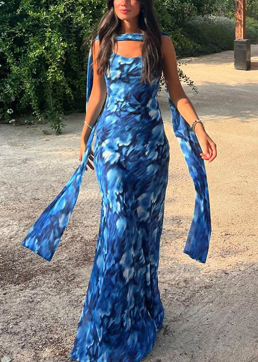 Women's Blue Printed Tulle Evening Dress - OutfitLondon