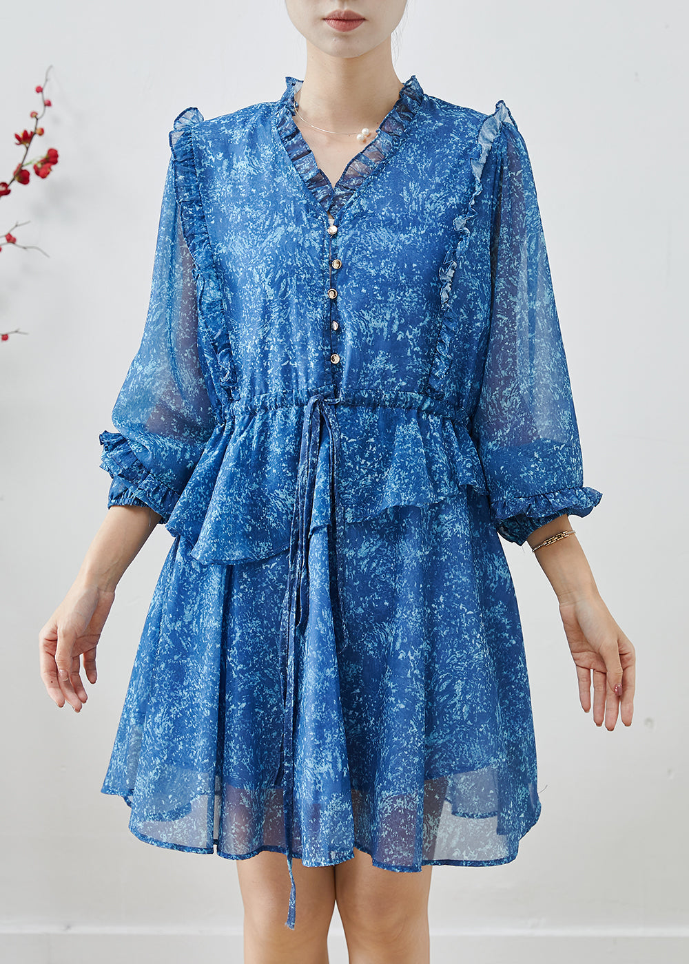 Women's Blue Silk Chiffon Dress Cinched Waist Flutter Ruffles - OutfitLondon