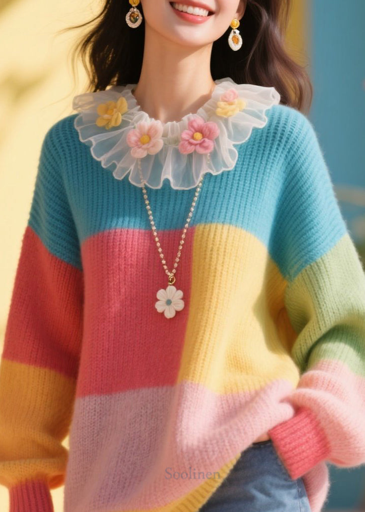 Women's Floral Knit Sweater Colorblock With Ruffles - OutfitLondon