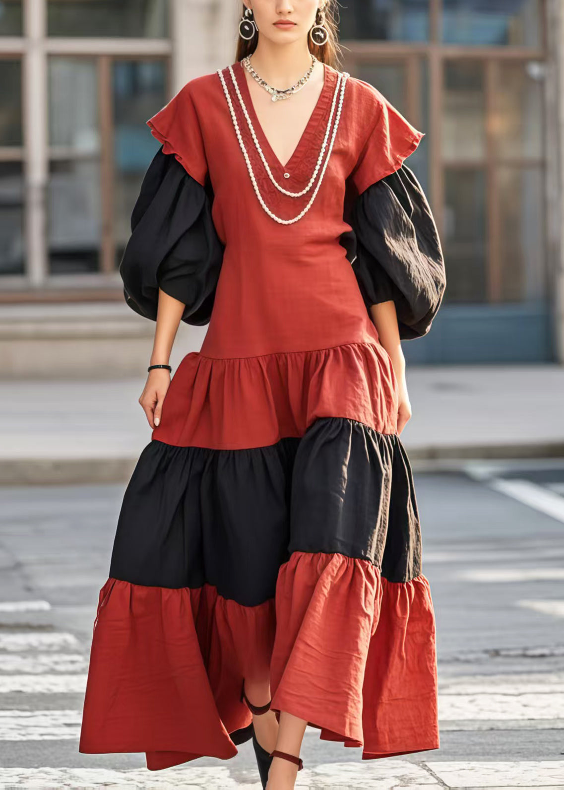 Women's V Neck Evening Dress Lantern Sleeves Tiered Hem - OutfitLondon