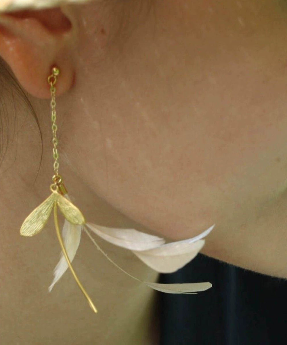 Women's Gold Plated Copper Feather Dangle Earrings 12cm - OutfitLondon