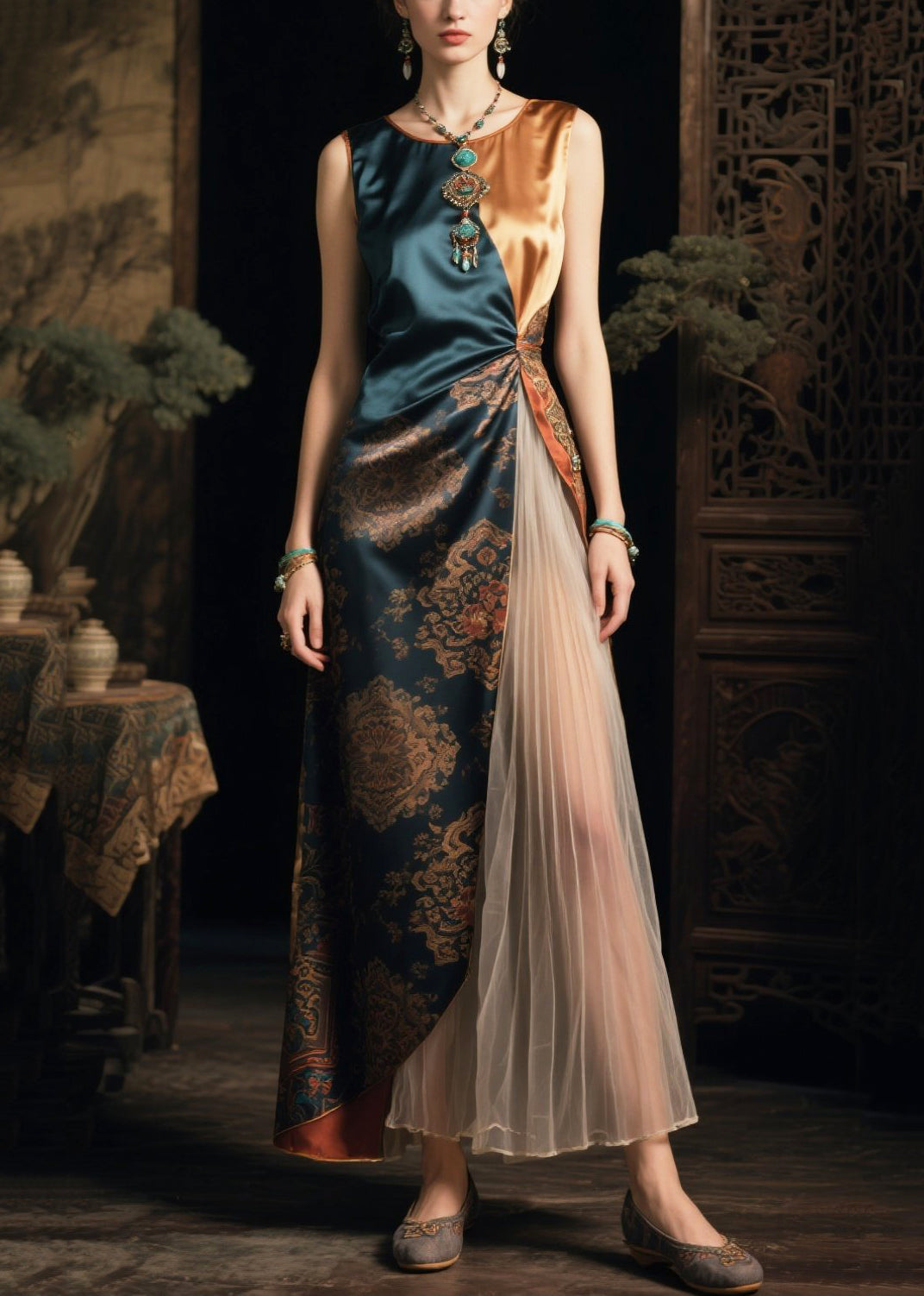 Women's Green Silk Patchwork Dress Asymmetric Side Opening - OutfitLondon