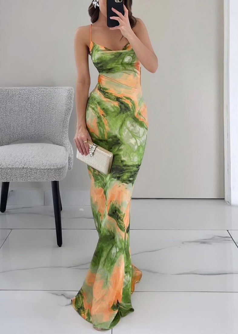 Women's Green Print Maxi Dress Backless Lace Up - OutfitLondon