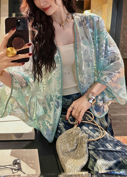 Women's Green Silk Cardigan V Neck Batwing Sleeves Relaxed Fit - OutfitLondon