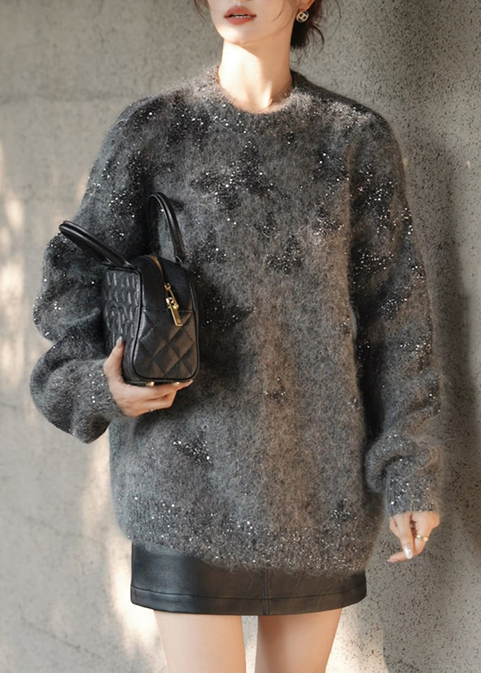 Women's Gray Sequin Sweater Round Neck Sparkling Knit - OutfitLondon