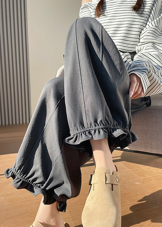 Women's Cotton Wide Leg Pants Gray Ruffled Elastic Waist - OutfitLondon