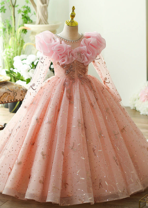 Girls Pink Tulle Dress Long Sleeves Round Neck - OutfitLondon
