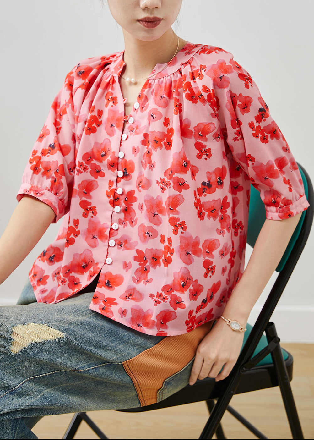 Women's Cotton V Neck Shirt Red Breathable - OutfitLondon