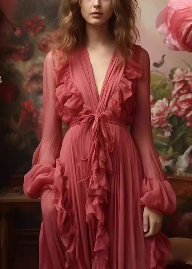 Women's Silk Maxi Dress V Neck Ruffles Autumn Red - OutfitLondon