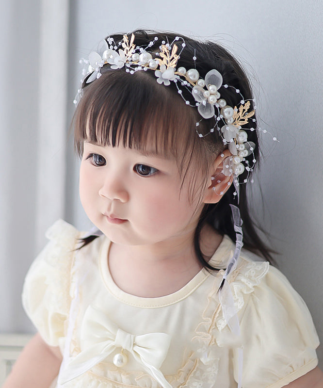 Girls Floral Hair Pin White Alloy Tulle Pearls - OutfitLondon
