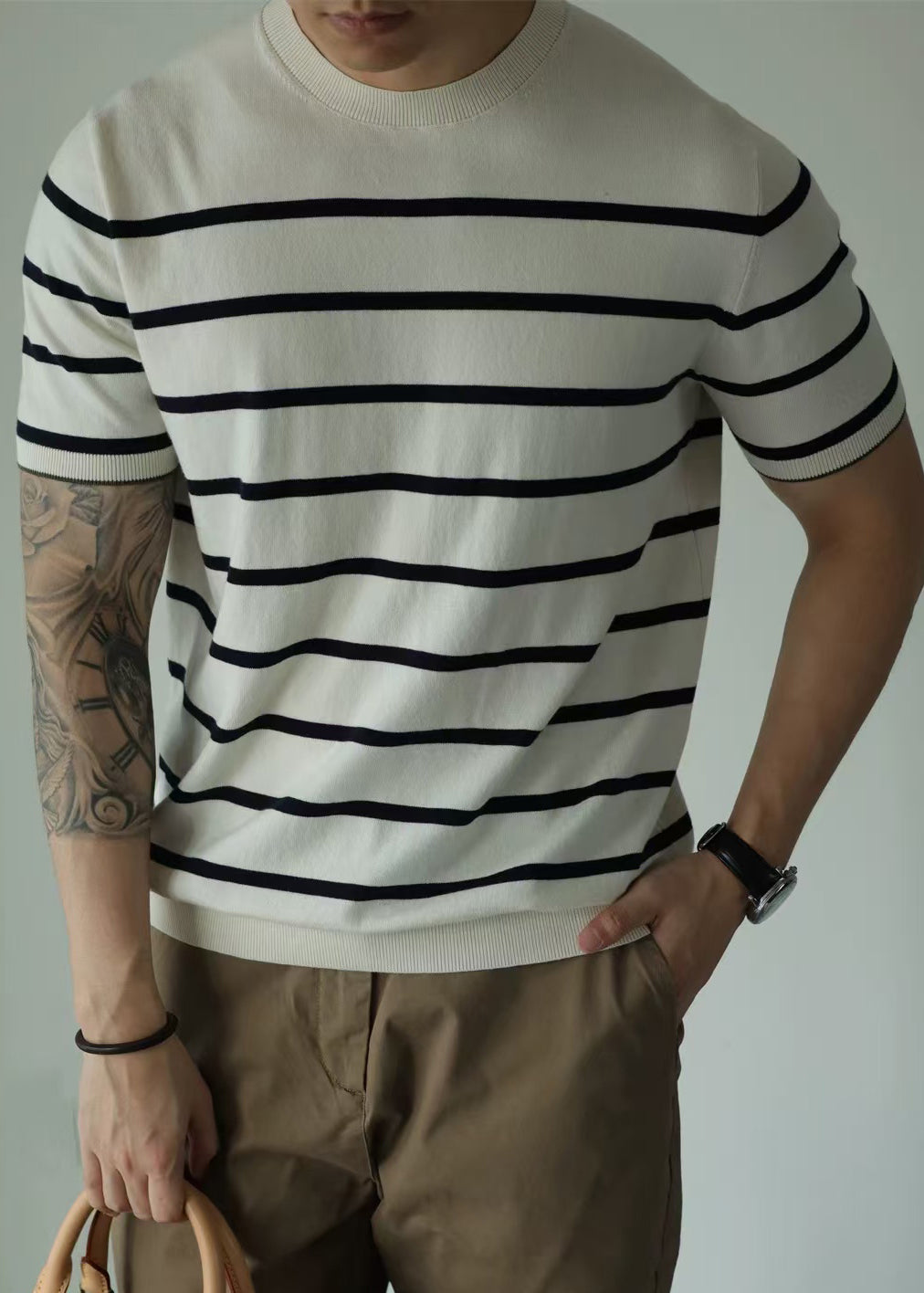 Men's White Striped Knit Tee Relaxed Fit Breathable - OutfitLondon
