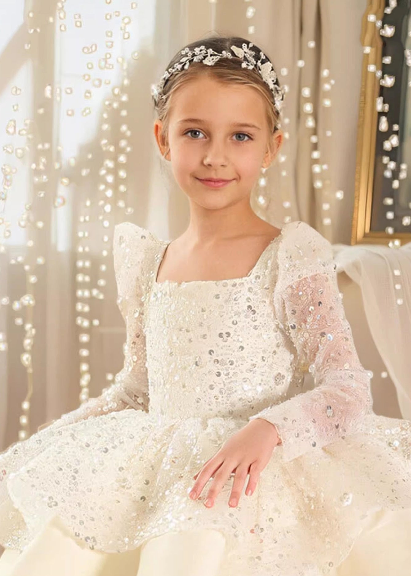 Kids White Sequin Tulle Dress Sparkling Square Neck - OutfitLondon